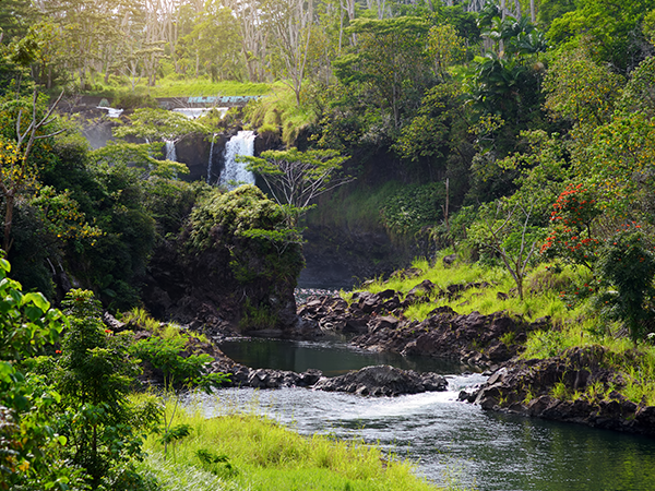 Majesitc Pee Pee Falls waterfall in Hilo, Wailuku River State Park, Hawaii, USA